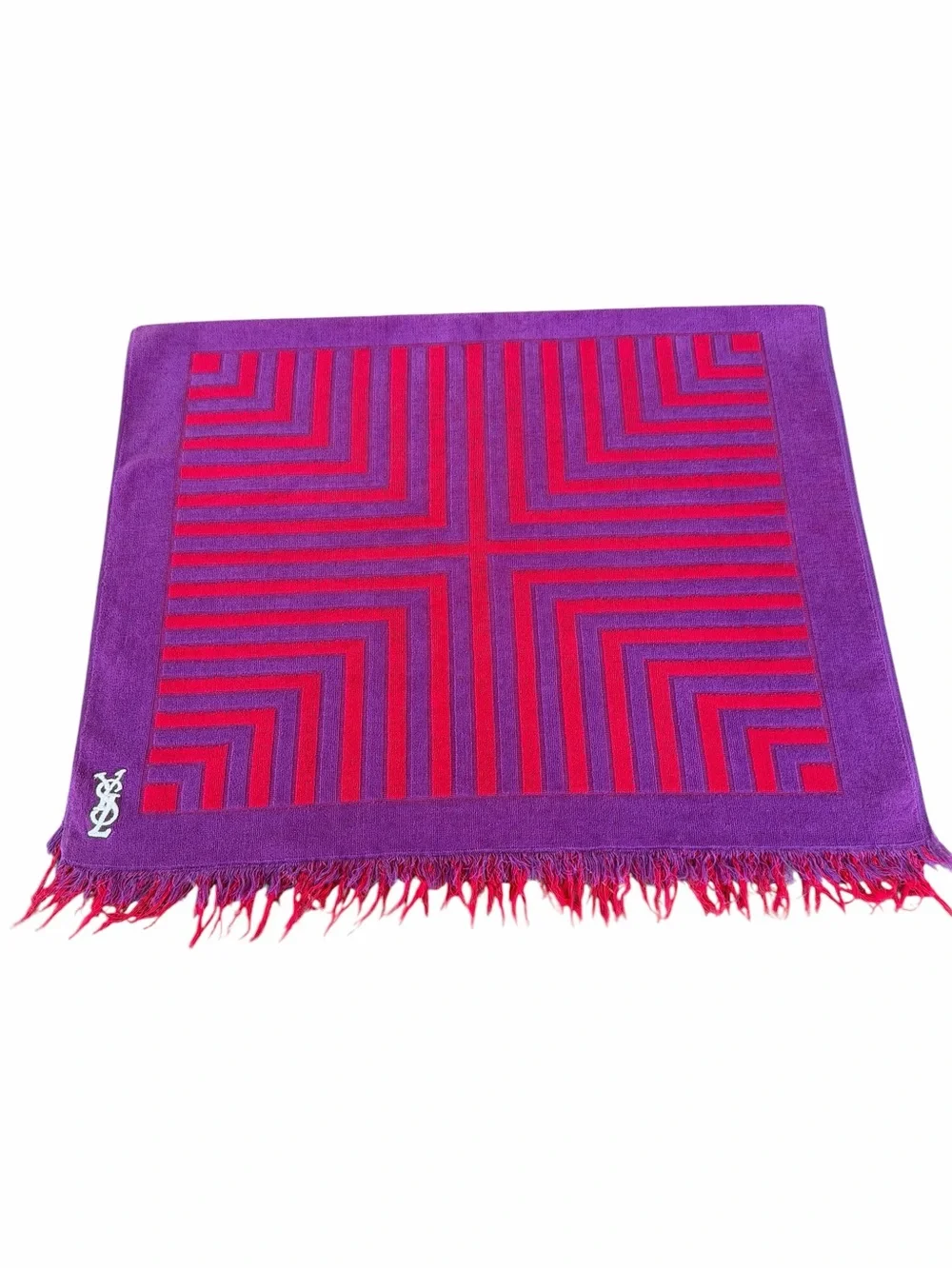 VTG Fieldcrest Yves Saint Laurent YSL Geometric Bath Towel Purple Red Fringe GUC